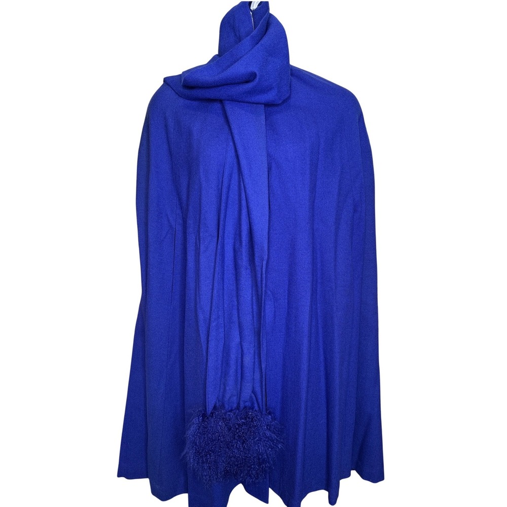 Vintage Womens Royal Blue Cape Coat with Scarf Faux Fur Trim Bold Glam‎ Elegant